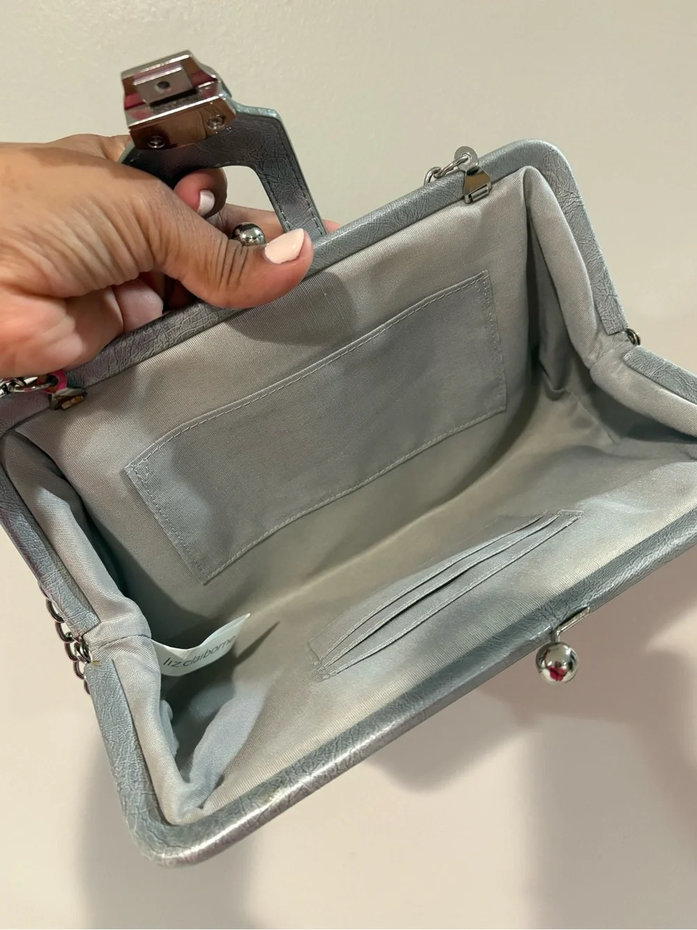 Vintage Liz Claiborne Silver Shoulder Bag with Kiss Lock Closure